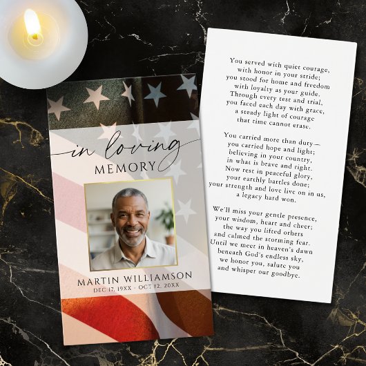 USA Flag Military Funeral Photo Prayer Card