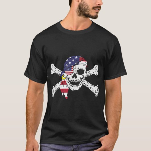 Usa Flag Patriotic Skull Crossbones Pirate Men T-Shirt (Vorderseite)