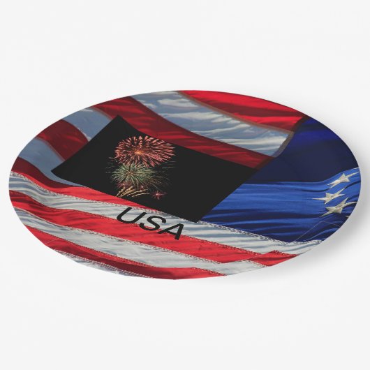 USA Flag- und Feuerwerke Pappteller (Schrägansicht)