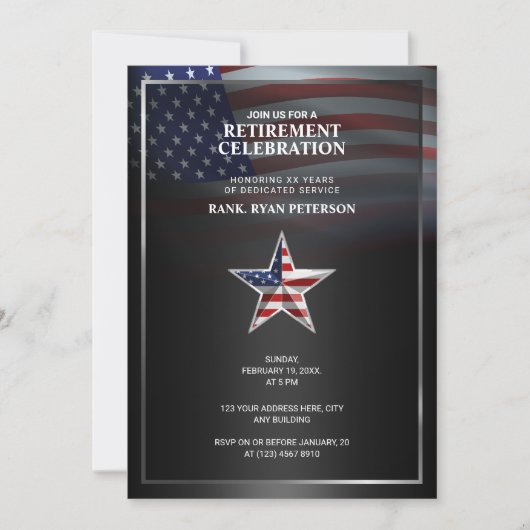 USA-Flagge | Embossed Star | Schwarz Einladung (Vorderseite)