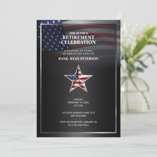 USA-Flagge | Embossed Star | Schwarz Einladung (Stehend Vorderseite)