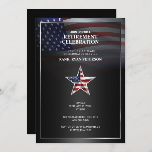 USA-Flagge | Embossed Star | Schwarz Einladung (Vorne/Hinten)