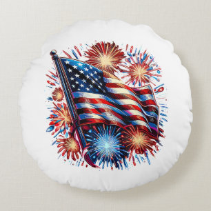 USA-Flagge Feuerwerk Patriotisch Rundes Kissen