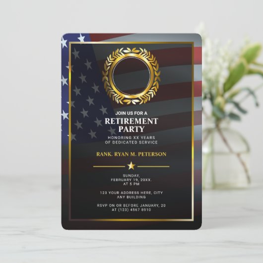 USA-Flagge | Gold Laurel Leaf | Luxusvergütung Einladung (Stehend Vorderseite)