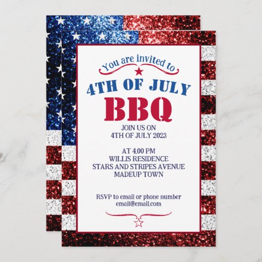 USA Flagge Rot-Blau Glitzern 4. Juli GRILLEN Einladung (Vorne/Hinten)