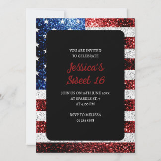 USA Flagge Rot-Blau-Glitzern Glitzer Sweet 16 Einladung