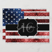 USA Flagge Rot-Blau-Glitzern Glitzer Sweet 16 Einladung (Vorne/Hinten)