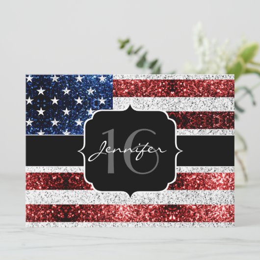 USA Flagge Rot-Blau-Glitzern Glitzer Sweet 16 Einladung (Stehend Vorderseite)