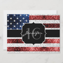 USA Flagge Rot-Blau-Glitzern Glitzer Sweet 16 Einladung