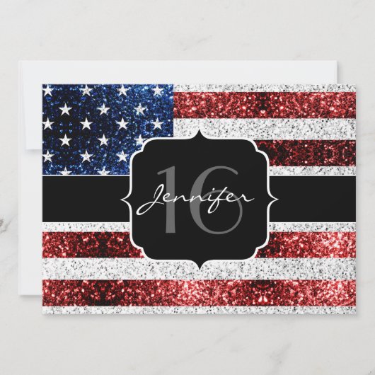 USA Flagge Rot-Blau-Glitzern Glitzer Sweet 16 Einladung (Vorderseite)