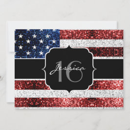 USA Flagge Rot-Blau-Glitzern Glitzer Sweet 16 Einladung