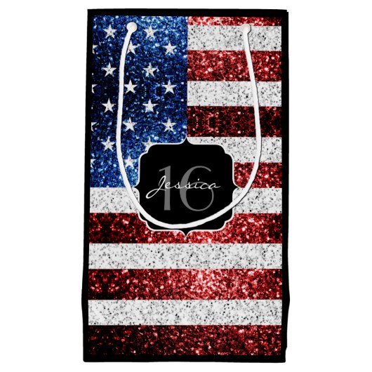 USA Flagge Rot-Blau-Glitzern Glitzer Sweet 16 Kleine Geschenktüte (Vorderseite)