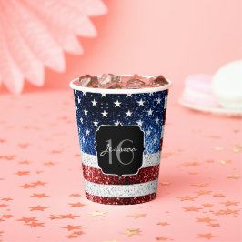 USA Flagge Rot-Blau-Glitzern Glitzer Sweet 16 Pappbecher