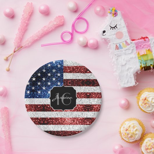USA Flagge Rot-Blau-Glitzern Glitzer Sweet 16 Pappteller (Party)