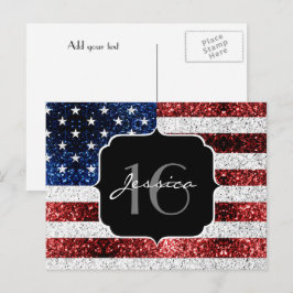 USA Flagge Rot-Blau-Glitzern Glitzer Sweet 16 Postkarte