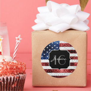 USA Flagge Rot-Blau-Glitzern Glitzer Sweet 16 Runder Aufkleber