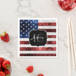 USA Flagge Rot-Blau-Glitzern Glitzer Sweet 16 Serviette