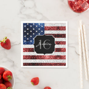 USA Flagge Rot-Blau-Glitzern Glitzer Sweet 16 Serviette