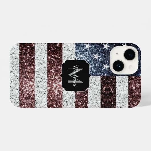 USA-Flagge Rot-Blau-Glitzern Monogram iPhone Hülle (Rückseite (Horizontal))
