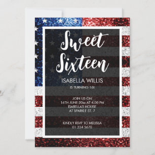 USA Flagge Rot-Blau Glitzern Sweet 16 elegant Einladung