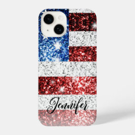 USA Flagge Rot-Blau-Imitate Glitzern Ihr Name iPhone 14 Hülle