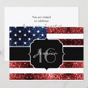 USA-Flagge rot blaue Funken Glitter Sweet 16 Einla Einladung