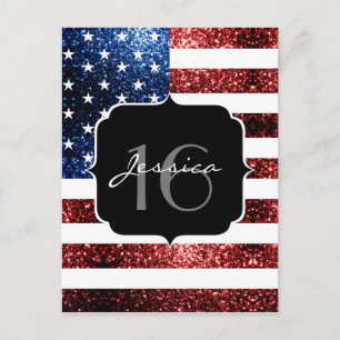 USA-Flagge rot blaue Glitzer funkelt Sweet 16 Postkarte