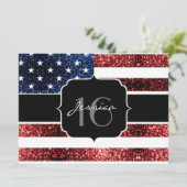 USA Flagge rot blaue Glitzern Glitzer Sweet 16 ein Einladung (Stehend Vorderseite)