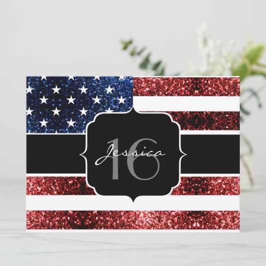 USA Flagge rot blaue Glitzern Glitzer Sweet 16 ein Einladung (Stehend Vorderseite)