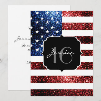 USA Flagge Rot blaue Glitzern Glitzer Sweet 16 Inv Einladung