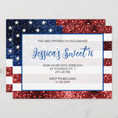 USA Flagge Rot blaue Glitzern Sweet 16 elegantes D Einladung (Vorne/Hinten)