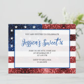 USA Flagge Rot blaue Glitzern Sweet 16 elegantes D Einladung (Stehend Vorderseite)