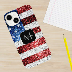 USA-Flagge rot weiß blau Glitter Glanz Monogramm iPhone 15 Plus Hülle