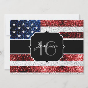 USA-Flagge rot weiß blau Glitzer Sweet 16 Einladung