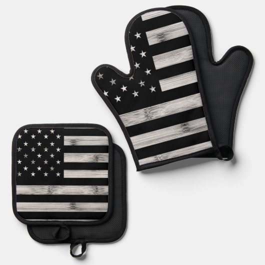 USA flagge Rustic Wood Schwarz-weiß Patriotic Amer Ofenhandschuh & Topflappen-Set (Vorderseite/Rückseite)