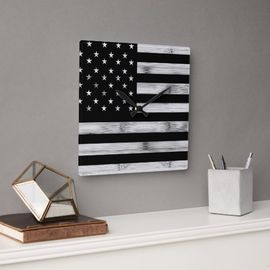 USA flagge Rustic Wood Schwarz-weiß Patriotic Amer Quadratische Wanduhr (Büro)