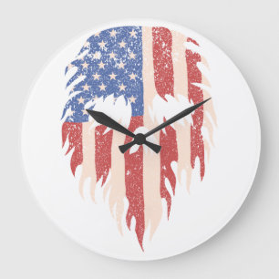 USA-Flagge Schädel Bart   Abgenutztes Patriotische Große Wanduhr