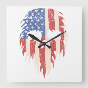 USA-Flagge Schädel Bart   Abgenutztes Patriotische Quadratische Wanduhr