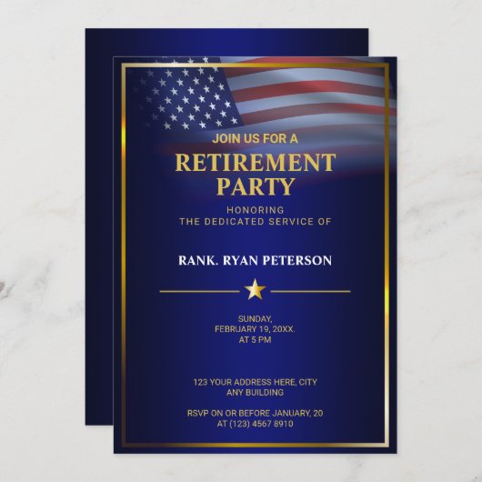 USA-Flagge | transparent | Goldrahmen | Luxury Blu Einladung (Vorne/Hinten)