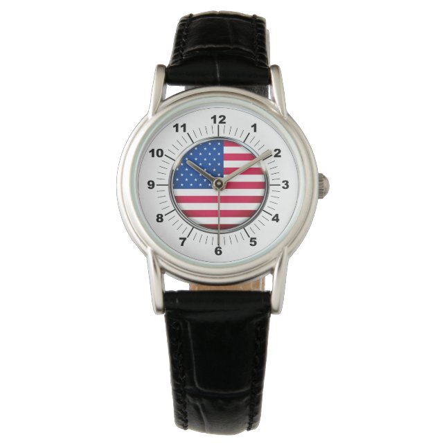 USA-Flaggen-Klassiker Schwarzer Leder-Strap-Watch Armbanduhr (Vorderseite)