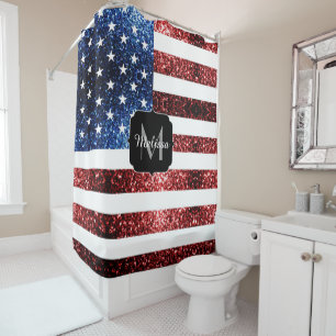 USA Flaggen Rot-Blau-Glitzern Glitzer USA Monogram Duschvorhang