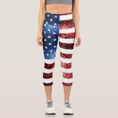 USA Flaggen Rot-Blau-Glitzern Glitzern Capri Leggings (Vorderseite)