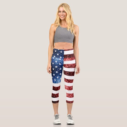 USA Flaggen Rot-Blau-Glitzern Glitzern Capri Leggings (Vorderseite)