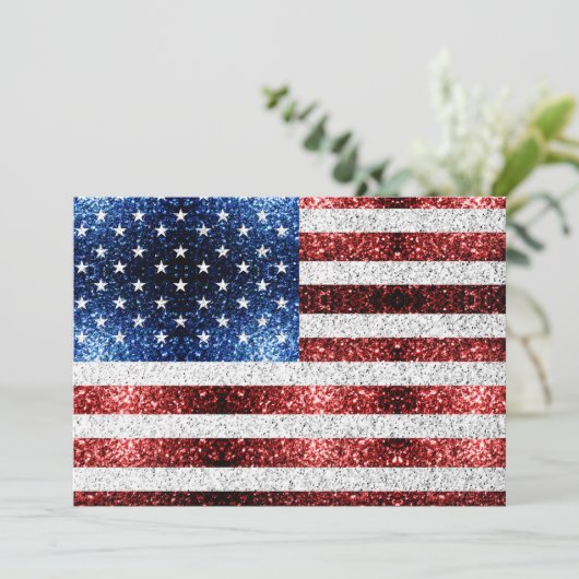 USA Flaggen Rot-Blau-Glitzern Glitzern Einladung (Stehend Vorderseite)