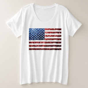 USA Flaggen Rot-Blau-Glitzern Glitzern Große Größe T-Shirt