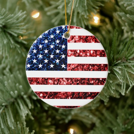 USA Flaggen Rot-Blau-Glitzern Glitzern Keramik Ornament (Baum)