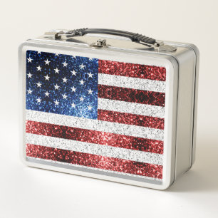 USA Flaggen Rot-Blau-Glitzern Glitzern Metall Brotdose