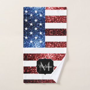 USA Flaggen Rot-Blau-Glitzern Glitzern Monogram Badhandtuch Set