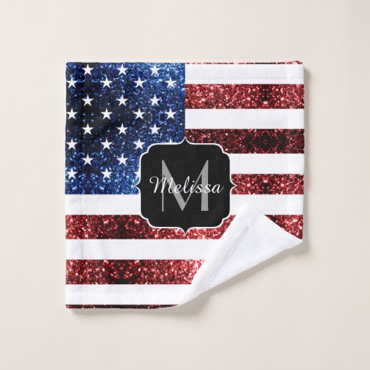 USA Flaggen Rot-Blau-Glitzern Glitzern Monogram Badhandtuch Set (Waschlappen)