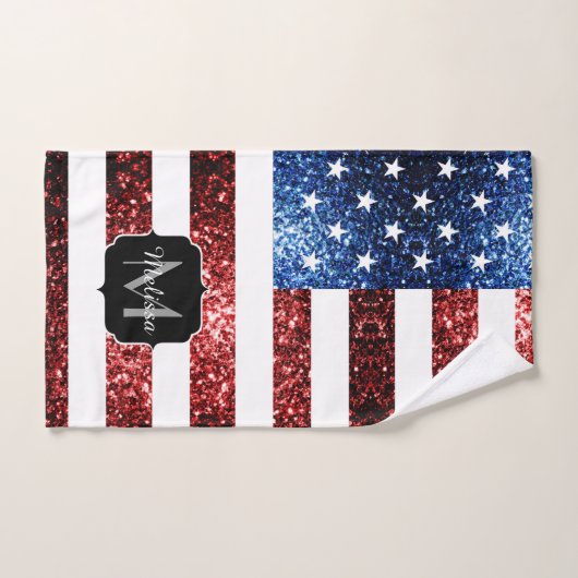 USA Flaggen Rot-Blau-Glitzern Glitzern Monogram Badhandtuch Set (Handtuch)